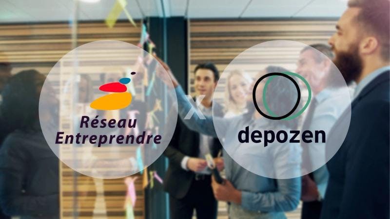 Logos Réseau Entreprendre et Depozen sur une image d'entrepreneurs